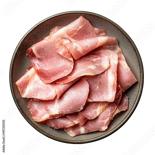 Sliced ham in bowl isolated on PNG transparent background, cut out