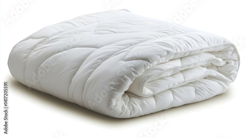 Folded white quilted blanket on white background.