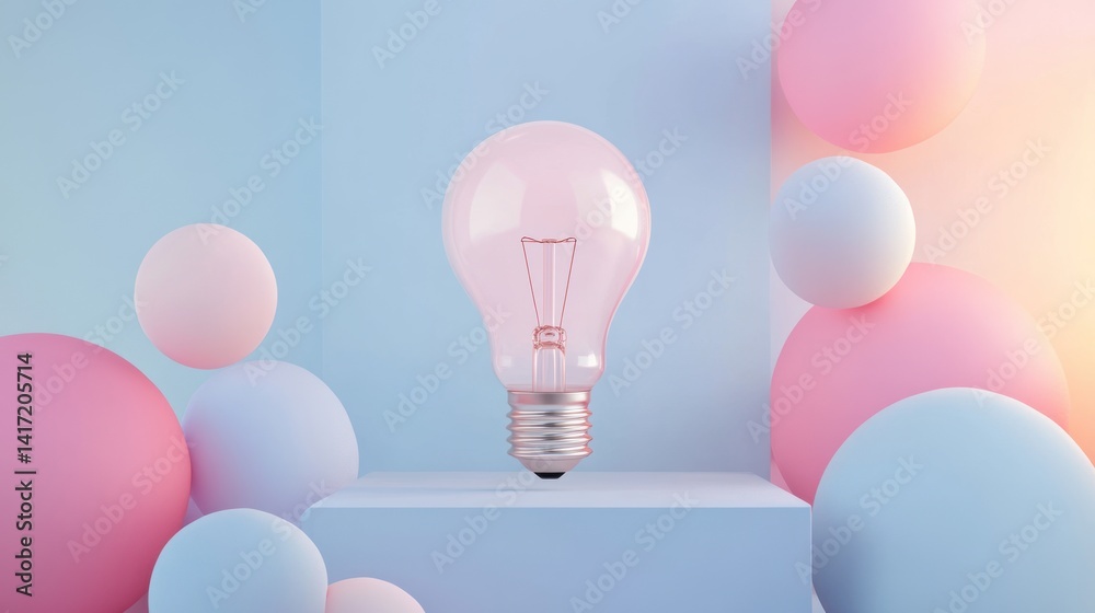 Lightbulb on pastel platform with spheres. Lightbulb on pastel platform with spheres.