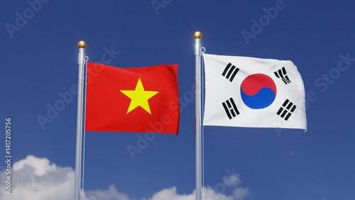 Vietnam Flag and South Korea Flag Waving Together on Blue Sky. International Relations Concept
