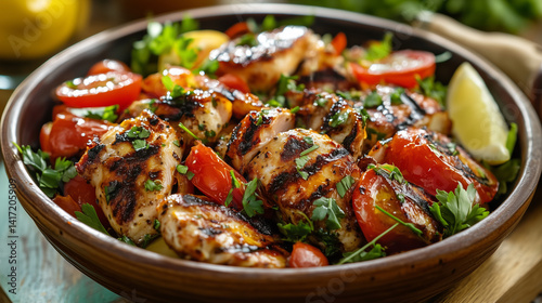 Juicy grilled chicken pieces with tomatoes and herbs in a ceramic bowl