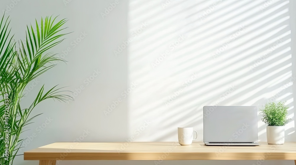Clean modern office desk with closed laptop and coffee bright space minimalist design natural light Clean modern office desk with closed laptop and coffee bright space minimalist design natural light