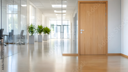 Office interior scene with blurred door modern workplace professional environment perspective focus