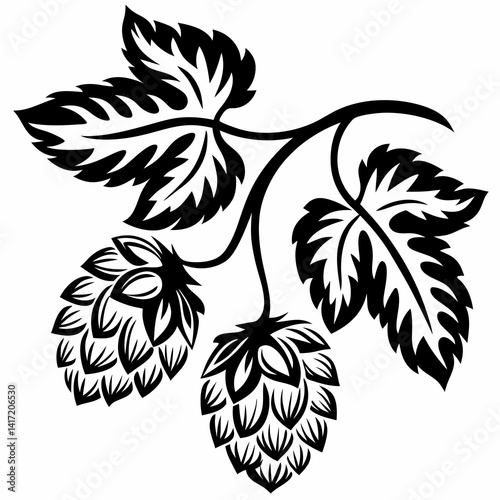 Black and White Hop Vine Illustration, Floral Vector Design