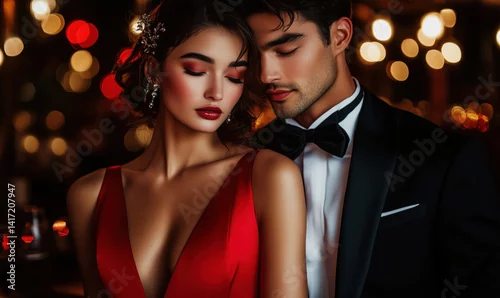 Obraz Elegant couple in formal attire exuding romance and sophistication, woman in red dress, man in tuxedo, intimate atmosphere with soft bokeh lights.