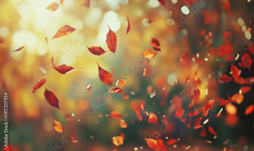 Falling autumn leaves creating a vibrant tapestry of orange and red hues in a sunlit forest, capturing the essence of seasonal change.