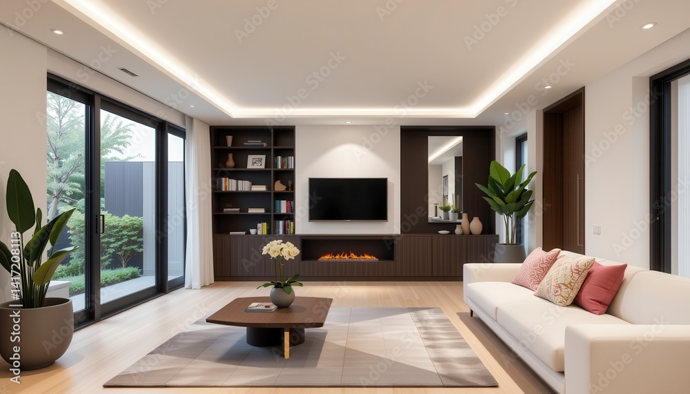 Fototapeta premium Modern Living Room Interior with White Sofa and Dark Wood Accents