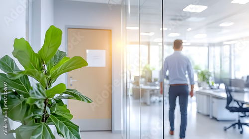 Professional individual walking through blurred office interior modern workspace calm environment
