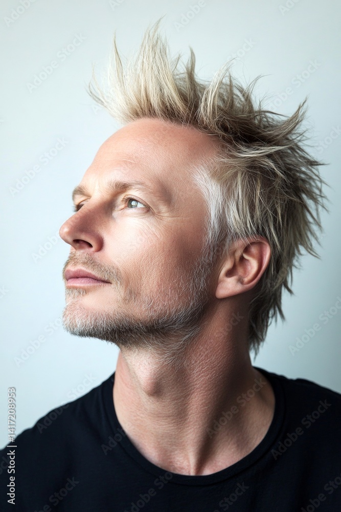 Fototapeta premium Elegant men's textured crop haircut - midlife white man with blond hair. A man with a stylish hairdo looking confident. Pure white solid background. Concept art of style for aging men.