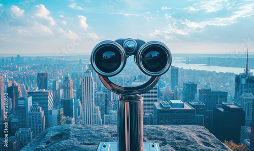 Cityscape Viewpoint with Binoculars Overlooking New York City Skyline and Hudson River.