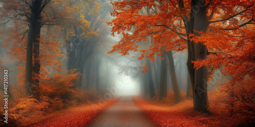Autumn forest path with vibrant orange leaves, misty atmosphere, and tranquil scenery inviting exploration.