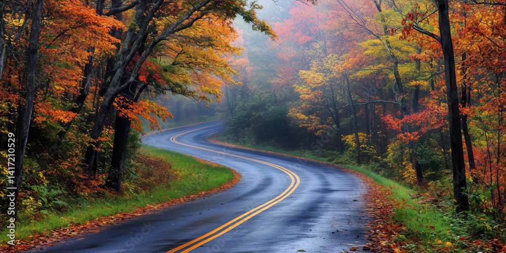Fototapeta premium Winding road through vibrant autumn foliage in misty forest, showcasing colorful leaves and serene atmosphere.