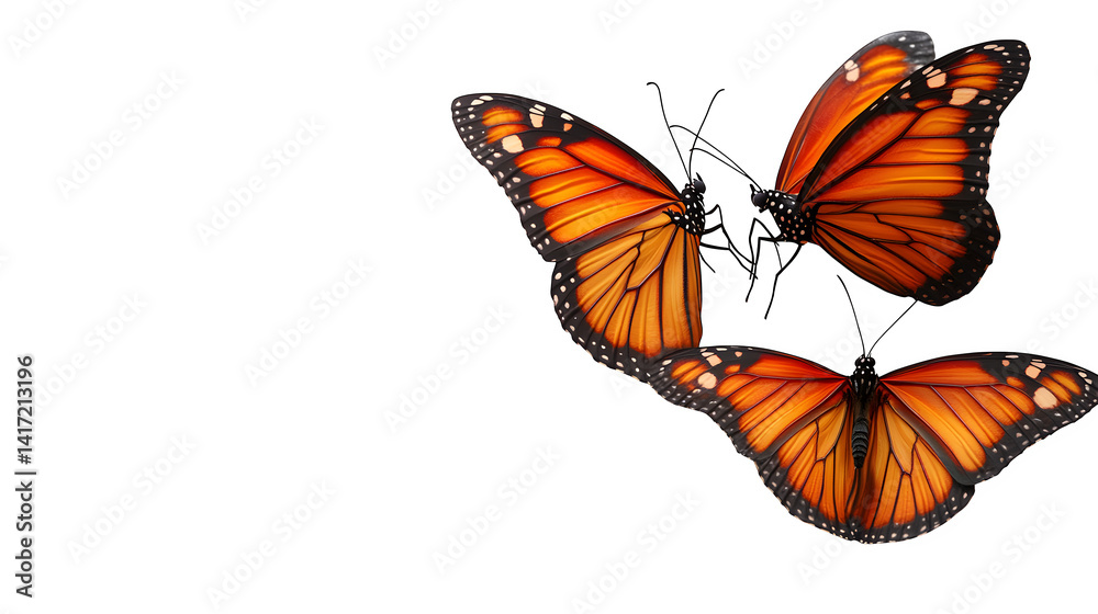 Naklejka premium fluttering orange butterflies isolated on white background, high-definition, realistic look