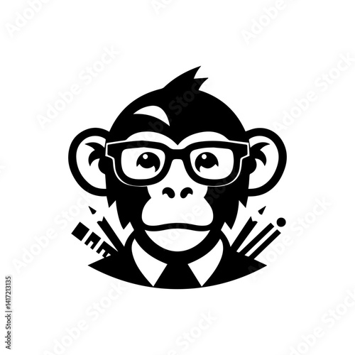 Smart Monkey Icon: A stylized monochrome depiction of a clever monkey wearing glasses, embodying wit and intelligence, perfect for conveying knowledge and insight.