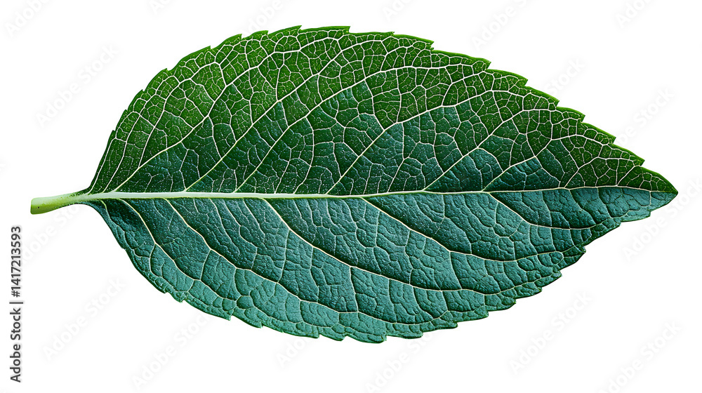 Obraz premium Green plant leaf showing detailed veins, isolated on white background