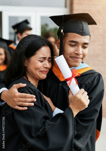 Proud mother hugging graduating son in cap and gown celebrating achievement photo