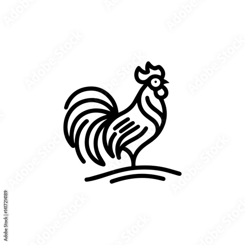 Linear Rooster Icon: A striking linear illustration captures the proud stance and distinctive features of a rooster, the bold lines showcasing the bird's comb, beak, and tail.