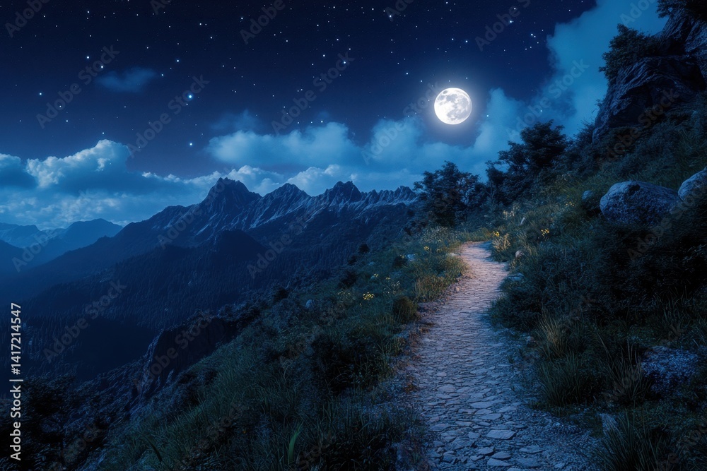 Moonlit trail winding through mountains on a clear night with starry sky