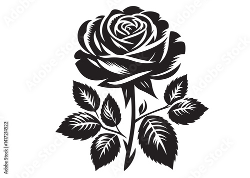 Vector silhouette of a rose flower logo silhouette vector, rose flower logo icon silhouette, black rose with leaves, rose flower silhouette vector illustration design on white background.