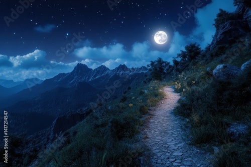 Obraz na płótnie Moonlit trail winding through mountains on a clear night with starry sky w salonie