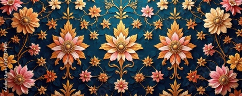 Delicate floral damask with intricate gold patterns, elegant design, flower motifs, seamless white