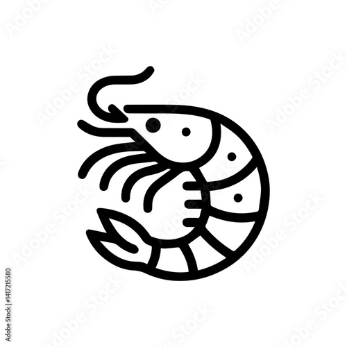 Shrimp Icon: A minimalist line art illustration of a shrimp, a symbol of oceanic life and culinary delight.