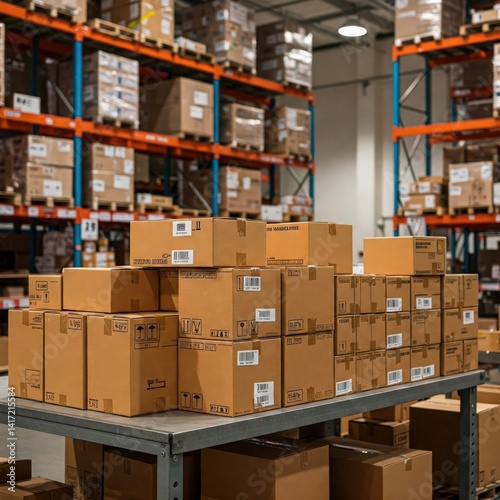 Stacked boxes on a pal ready for transportation in a warehouse environment with a busy background