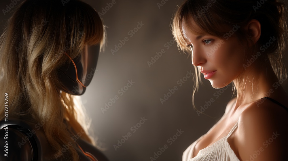 Woman faces a realistic robotic double. Intriguing contrast Woman faces a realistic robotic double. Intriguing contrast