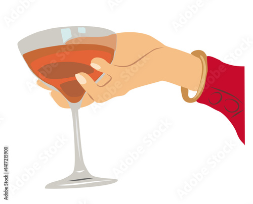 Female hand holding glass of wine or cocktail. Hand drawn colorful Vector illustration. Celebration concept. Christmas or new year Greeting card, Party Invitation, Poster. Isolated on white background