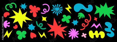 Abstract shapes clouds and flowers stickers. Groovy flowers,stars, bubbles, loops and waves in trendy retro cartoon style. Vector illustrations with wavy elements.