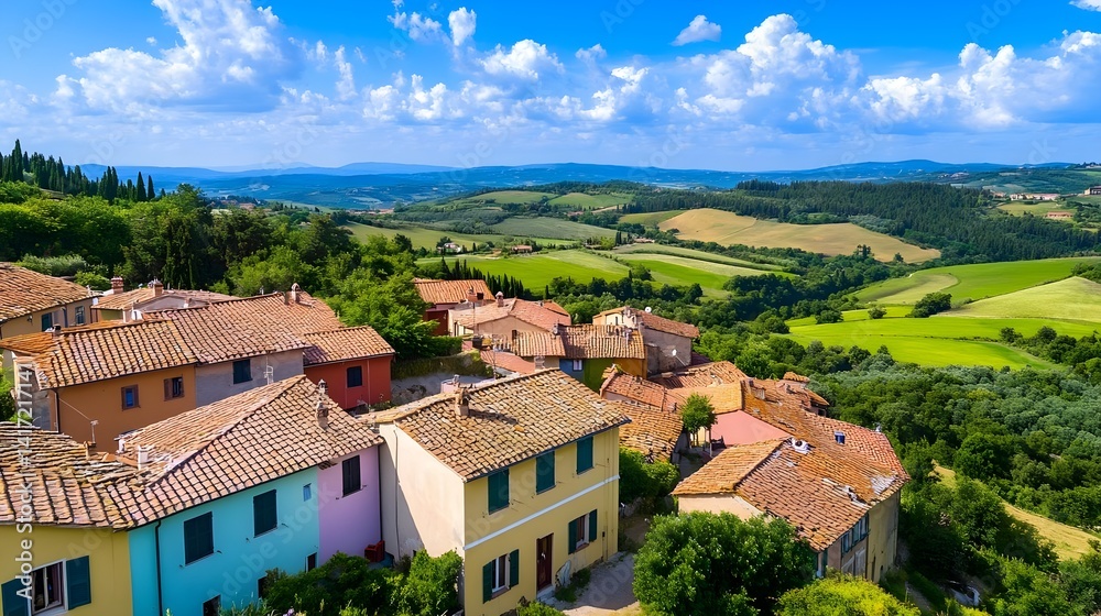Fototapeta premium Tuscany Village: Rolling Hills & Colorful Houses - Aerial Photography