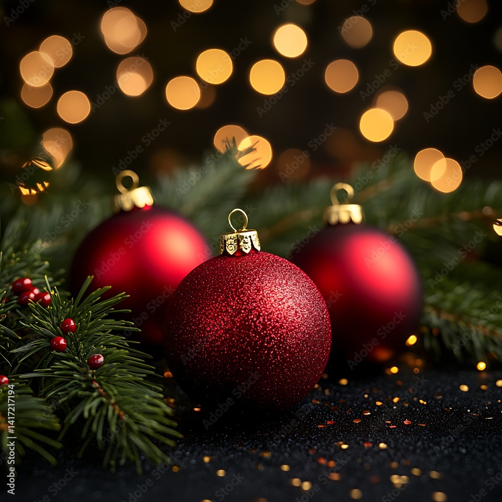 Red Christmas ornaments with bokeh lights. Red Christmas ornaments with bokeh lights.