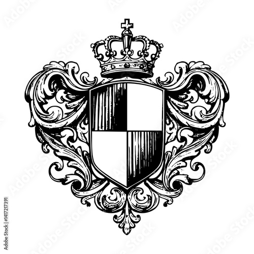 Heraldic emblem sketch engraving black and white outline. Scratch board imitation.  illustrated in vintage line art style on a white background.