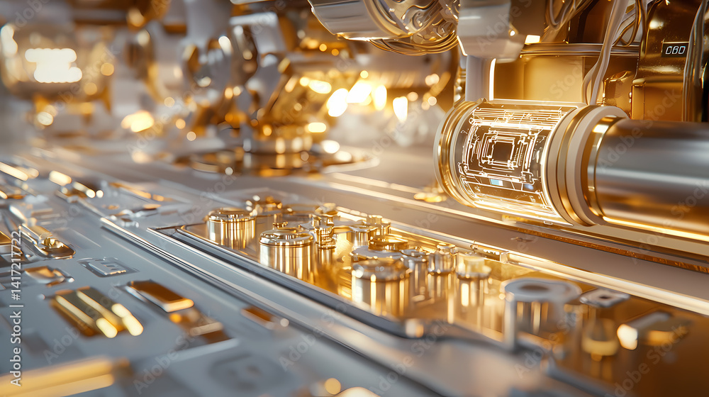 Fototapeta premium A close-up view of intricate metallic machinery, showcasing polished surfaces, detailed components, and an illuminated design, emphasizing advanced technology and engineering.