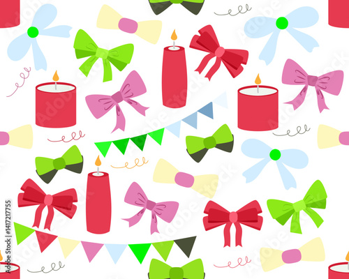Vector seamless pattern with bows, candles, tinsel and ribbons on a white background. Illustration for backgrounds, prints, clippings, fabrics and textile design