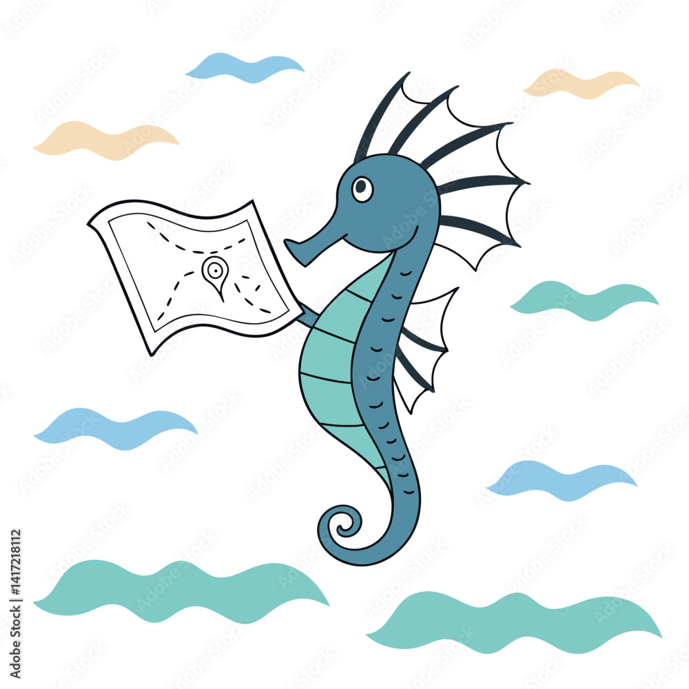 Fototapeta premium Cartoon seahorse exploring a treasure map underwater 