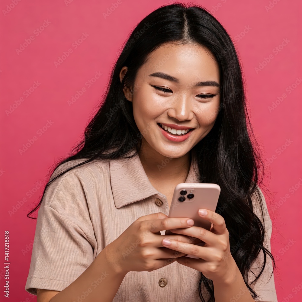 Woman smiling brightly while looking at her smartphone with an engaging and joyful expression Woman smiling brightly while looking at her smartphone with an engaging and joyful expression