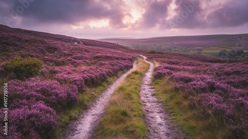 Fototapeta Naklejka Na Ścianę i Meble -  Scenic Path Through Purple Heather Moorland Landscape at Sunset