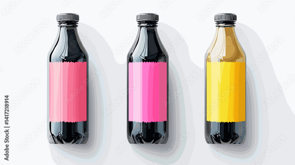 Three Glass Bottles with Pink and Yellow Labels on White Background Three Glass Bottles with Pink and Yellow Labels on White Background
