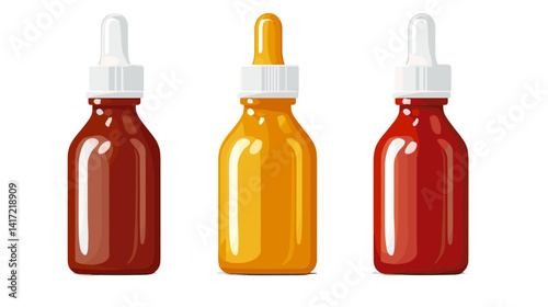 Three Glass Dropper Bottles with Brown, Yellow, and Red Liquids on White Background