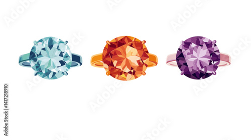 Three Gemstone Rings: Aquamarine, Orange, and Purple