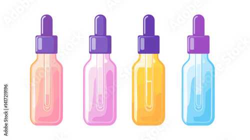 Four Colorful Dropper Bottles with Pastel Liquids on White Background