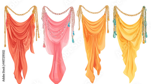 Four Colorful Draped Shawls with Gold Chains