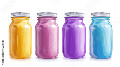 Four Colorful Glass Jars on White Background