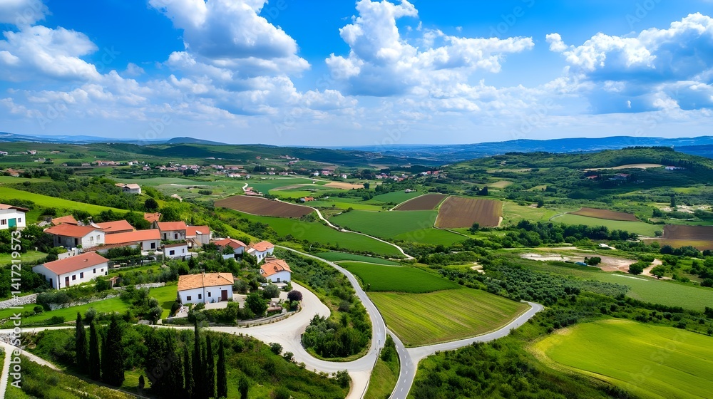 Fototapeta premium Idyllic Hilltop Village, Rural Landscape - Aerial Photography: The .