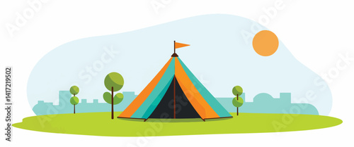 Vibrant festival tent in green field under sunny sky, celebration concept