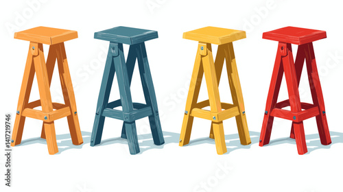 Four Colorful Wooden Stools in a Row