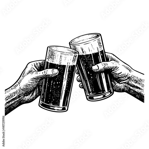 two glass of beer cheers sketch engraving black and white outline. Scratch board imitation.
