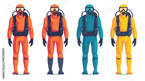Four Hazmat Suit Divers in Orange, Red, Teal and Yellow