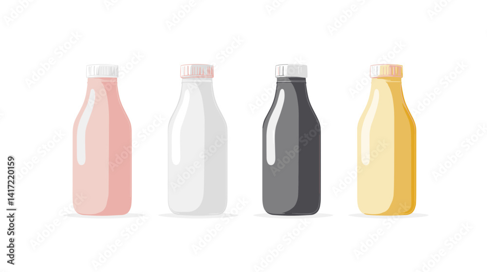 Four Milk Bottles in Pastel Colors on White Background Four Milk Bottles in Pastel Colors on White Background